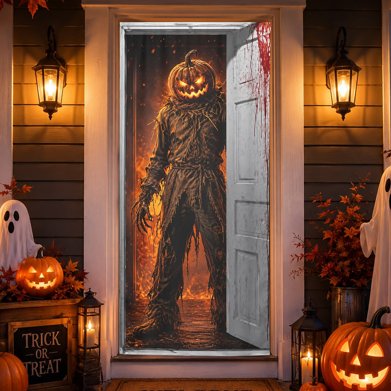 Knight Banner Halloween Door Cover Pumpkin Head Scarecrow Horror Door