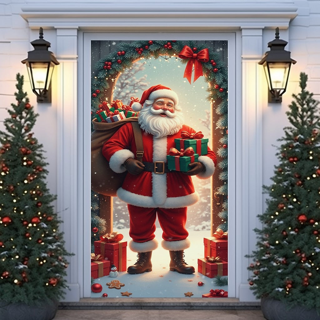 Santa Claus Gifts Wreath & Open Door Christmas Door Cover