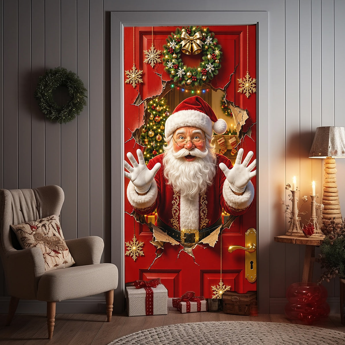 Santa Claus by Fireplace Christmas Door Cover