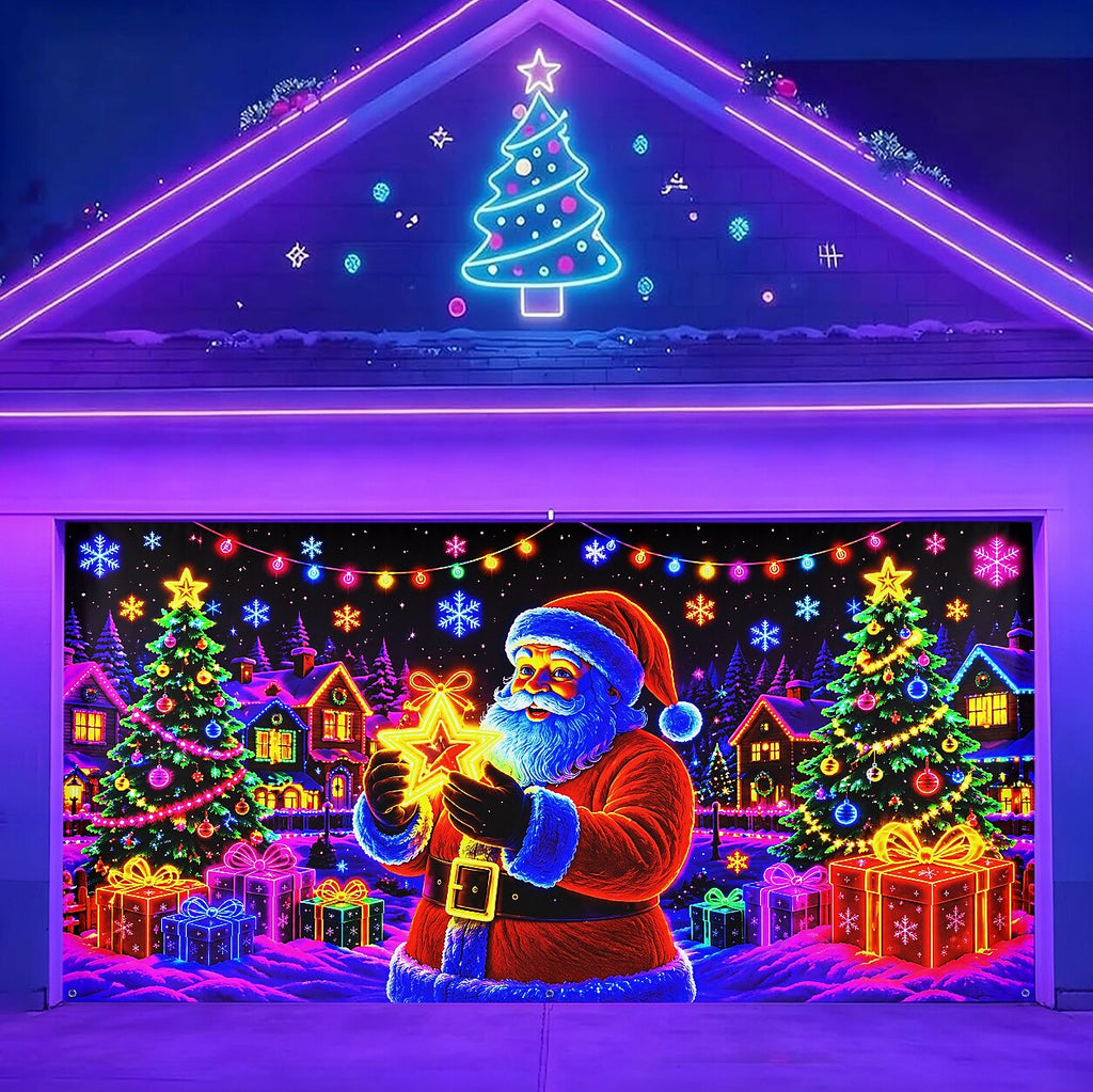 Blacklight Christmas Garage Cover UV Reactive Santa, Gifts & Christmas Tree