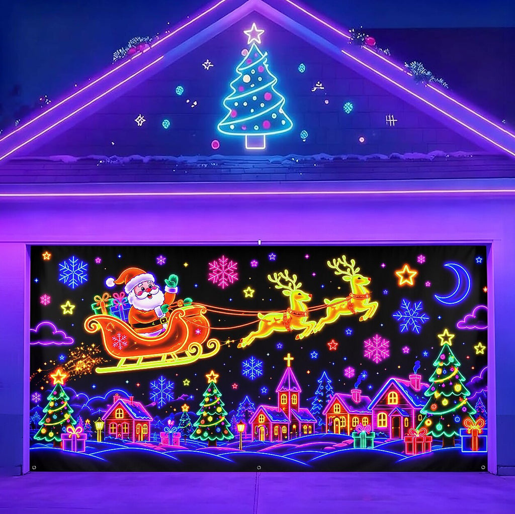 Blacklight Christmas Garage Cover UV Reactive Santa Sleigh & Reindeer Night Scene