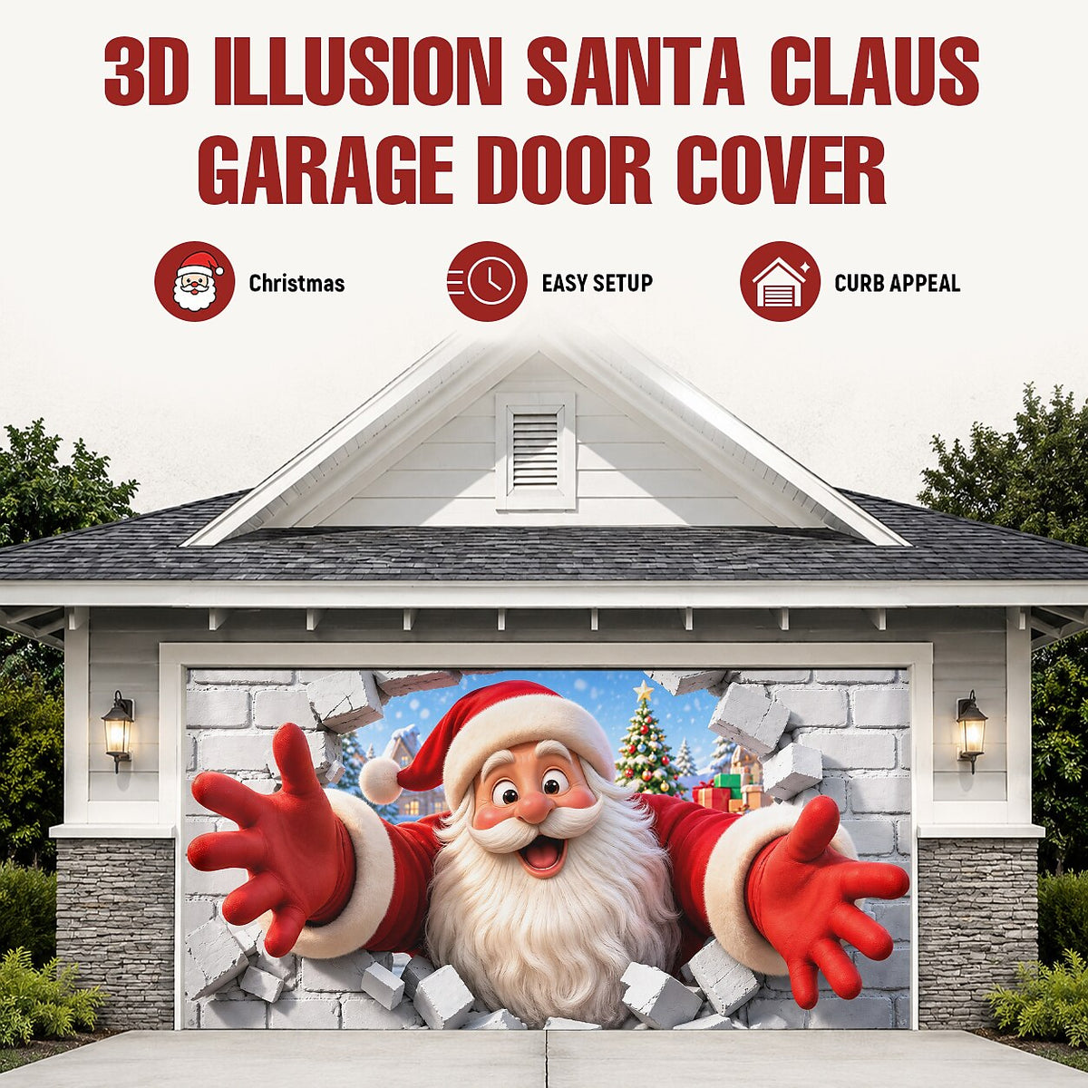 Christmas Garage Cover 3D Santa Breaking Through