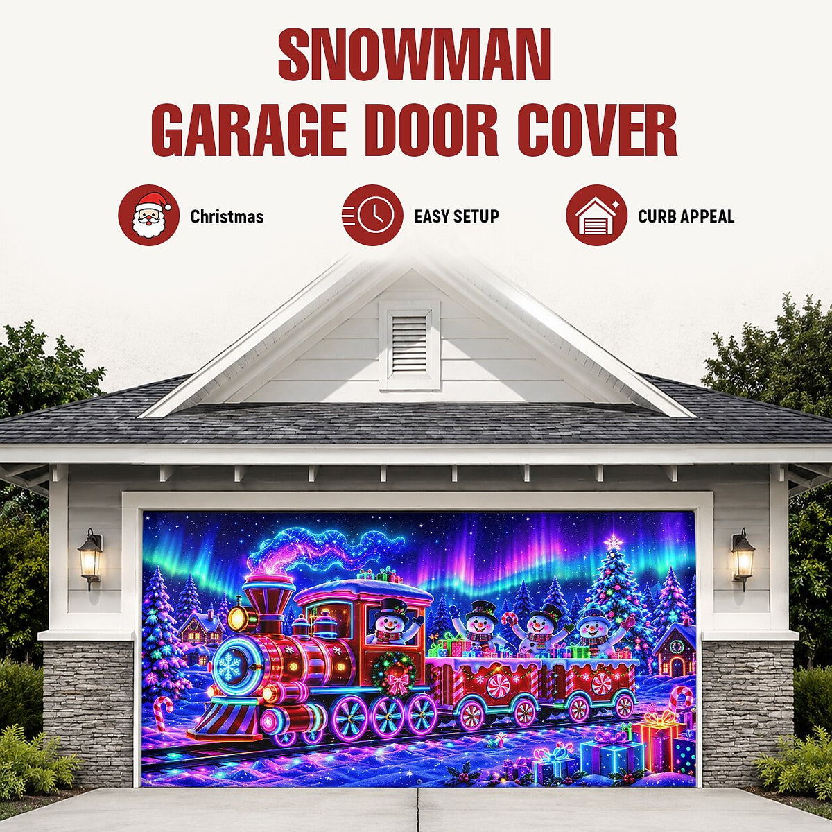 Blacklight Christmas Garage Cover UV Reactive Snowman & Christmas Train