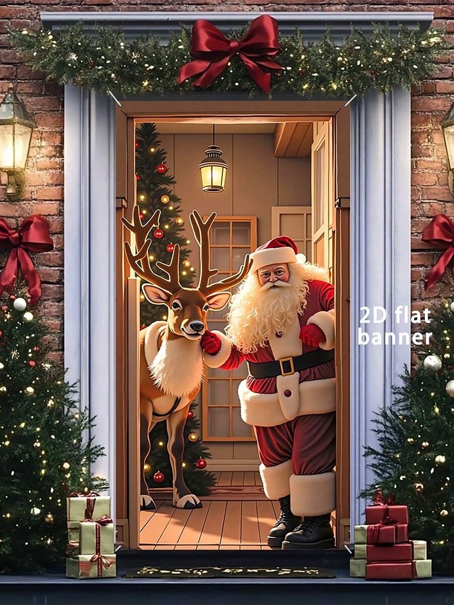 Santa Claus Reindeer & Christmas Tree Christmas Door Cover