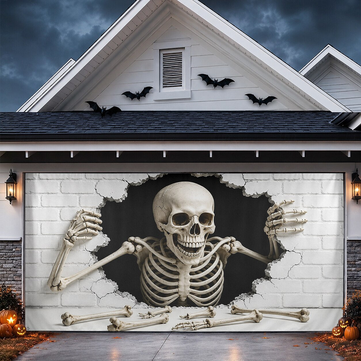 Halloween Skeleton White Brick Wall Garage Door Cover