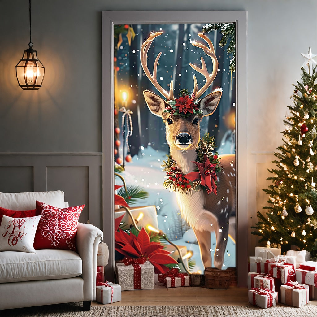 Festive Deer Christmas Door Cover
