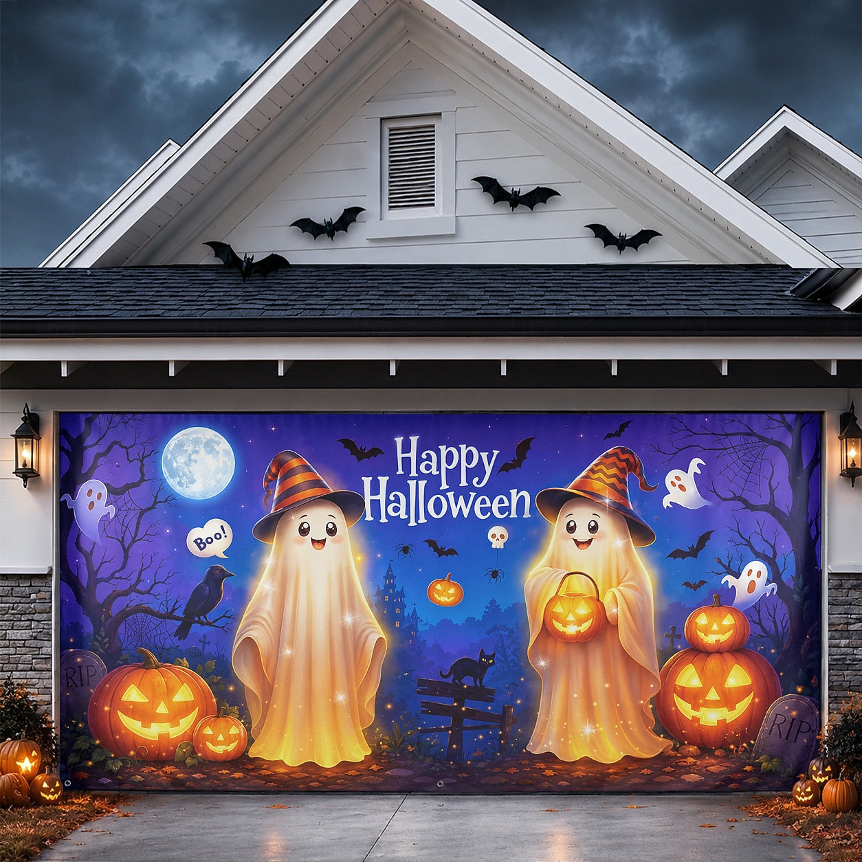 Cute Ghosts & Halloween Forest Campfire | Halloween Garage Door Banner Cover
