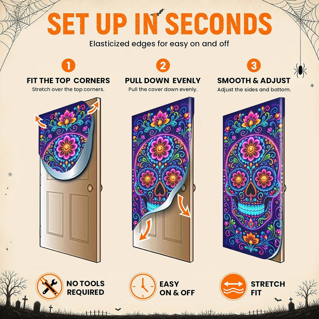 Halloween Door Cover Sugar Skull Neon Floral Day of the Dead Door Banner