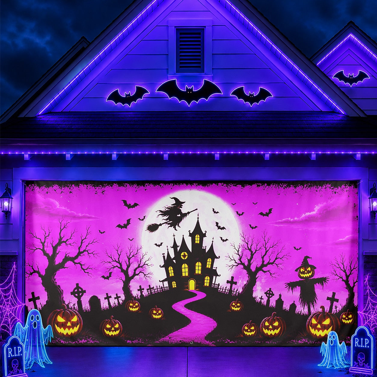 Fluorescent Haunted House & Witch Moon | Halloween Garage Door Banner Cover
