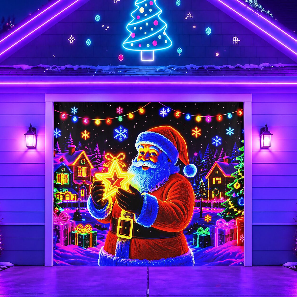 Blacklight Christmas Garage Cover UV Reactive Santa, Gifts & Christmas Tree