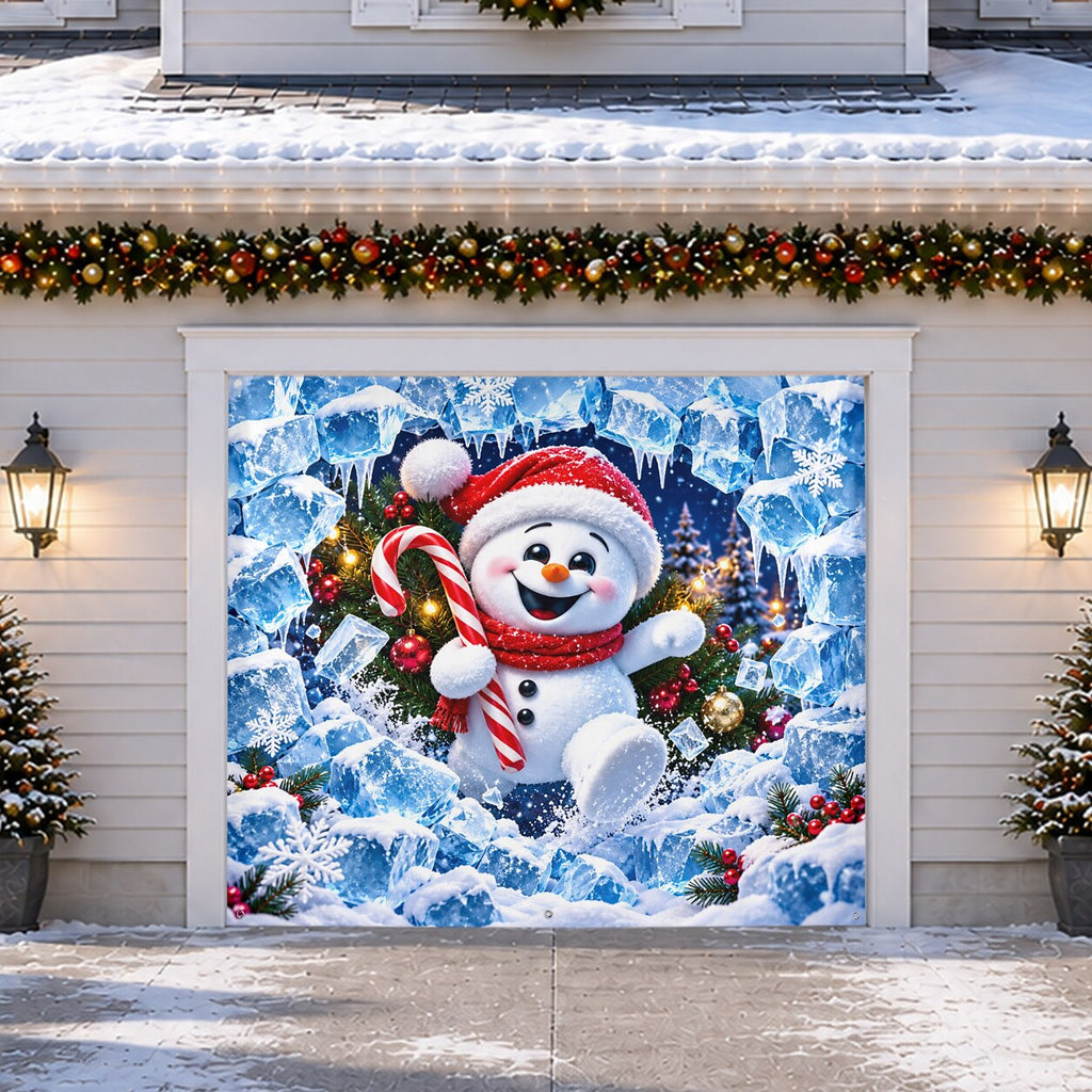 Christmas Garage Door Cover - Snowman Breaking Through Icy Wall 3D Design
