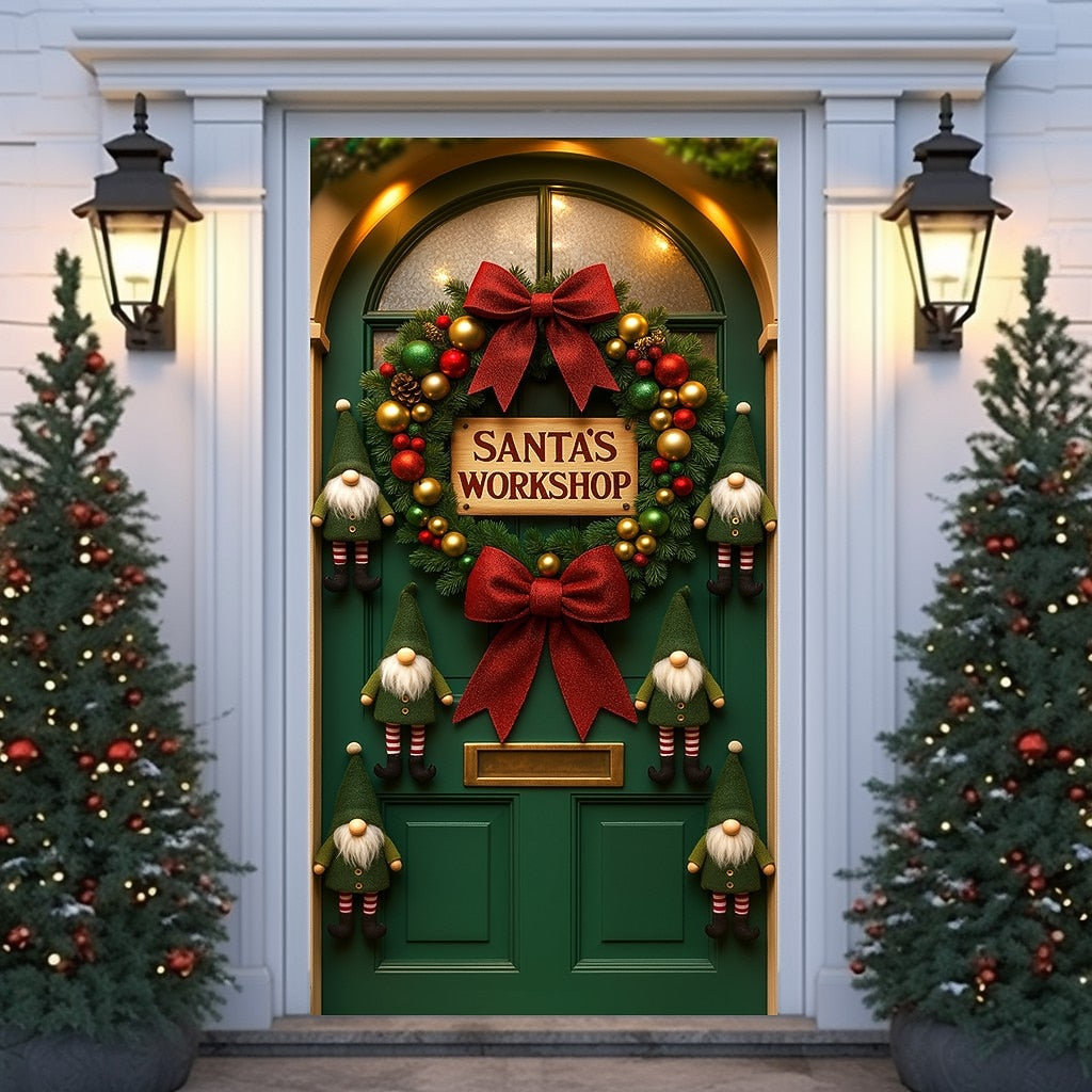 Green Door Wreath & Red Bow Christmas Door Cover