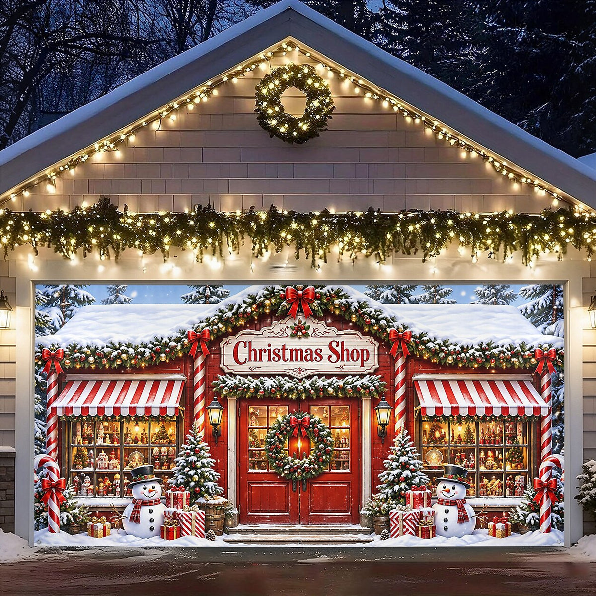 Christmas Garage Door Cover - Red Holiday Shopfront Design