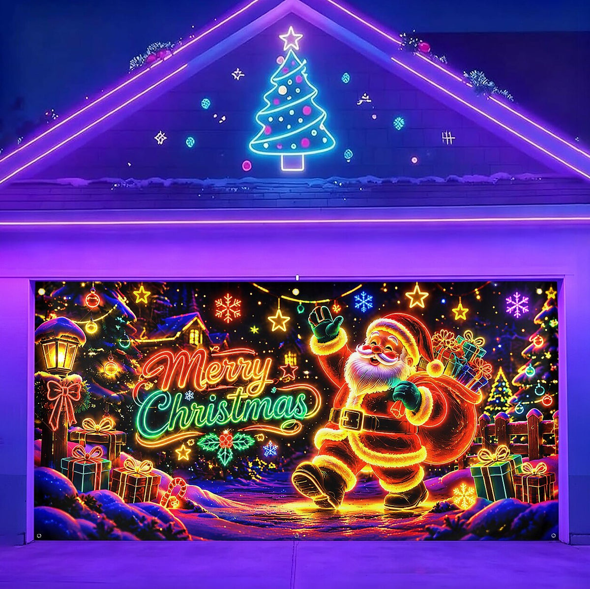 Blacklight Christmas Garage Cover UV Reactive Santa, Reindeer & Sleigh