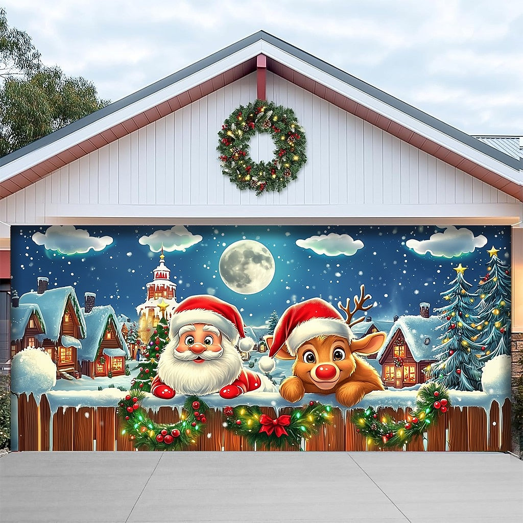 3D Santa & Reindeer Garage Door Cover