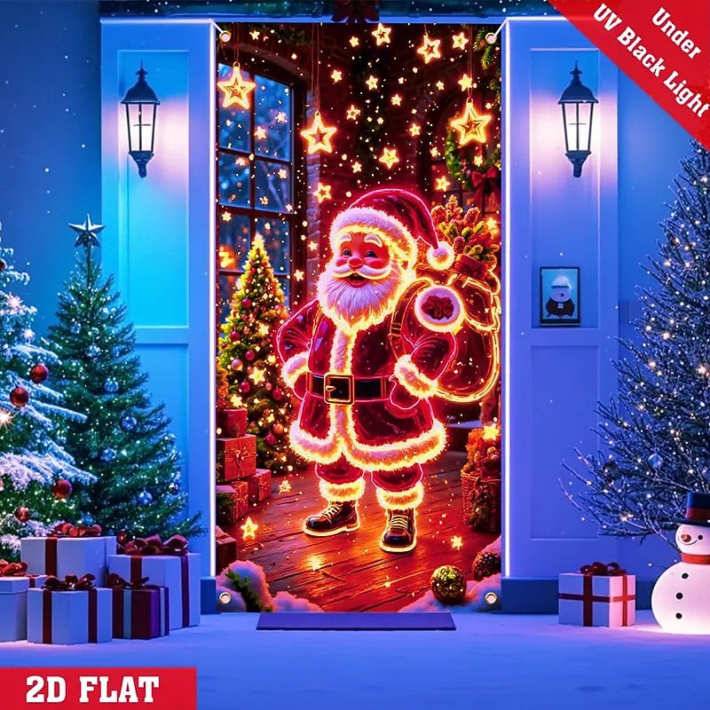 Blacklight Glowing Santa Claus & Christmas Tree Christmas Door Cover
