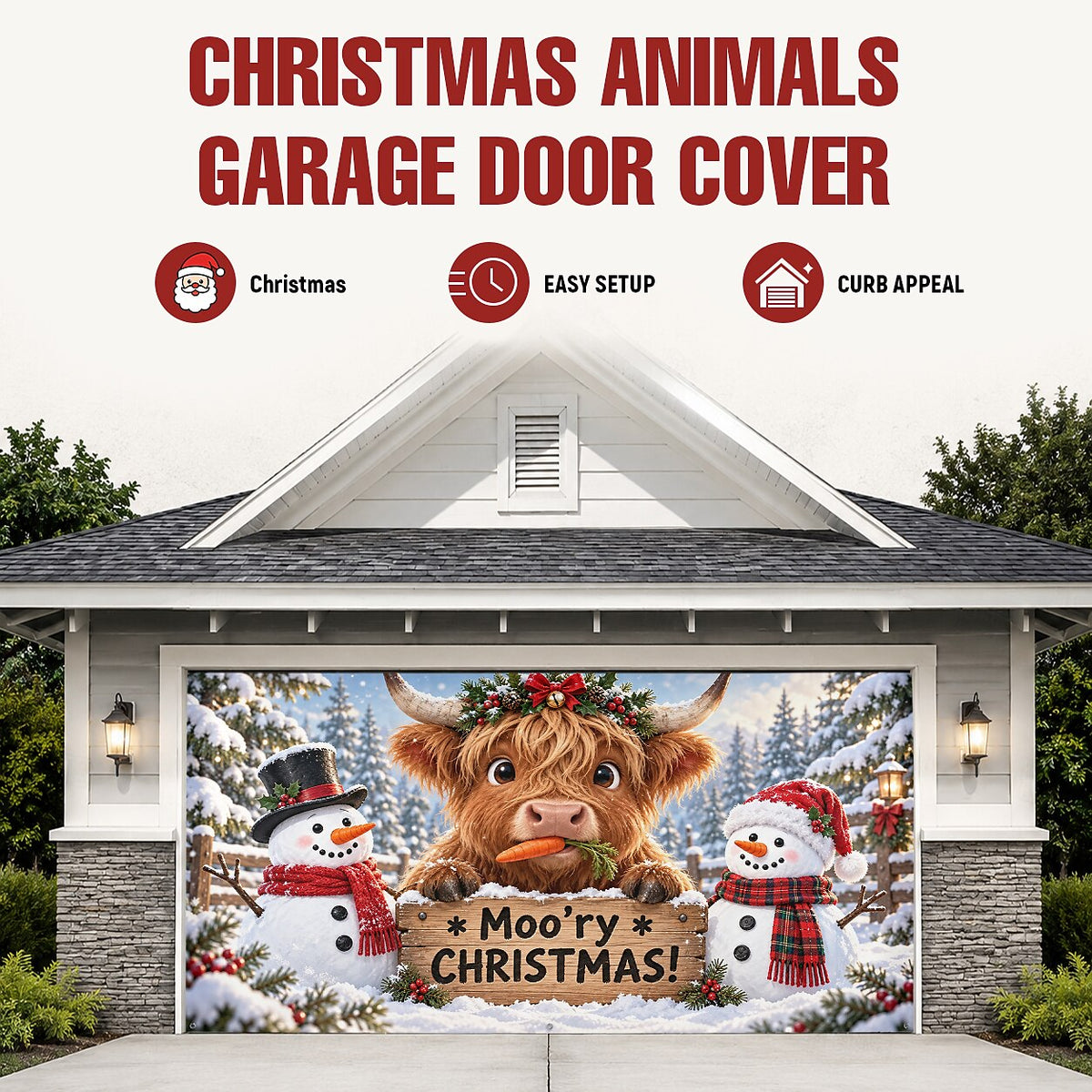 Christmas Garage Door Cover - Merry Christmas Highland Cow Design