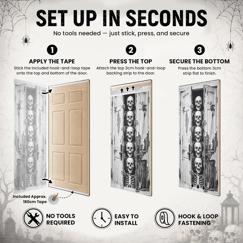 Breaking Skeletons Old Wooden Door Skull Banner Halloween Door