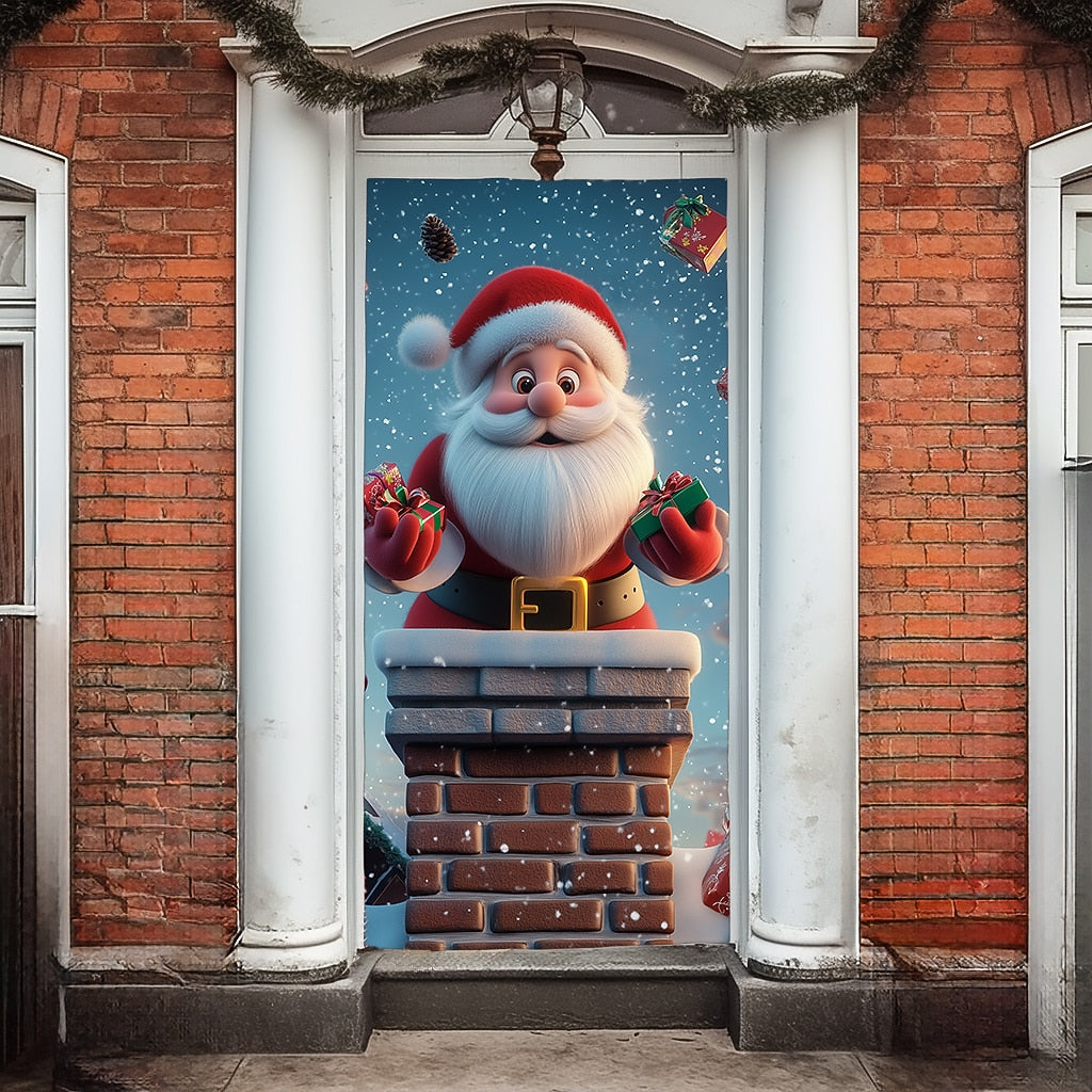 Santa Breaking Through Wall Christmas Door Cover