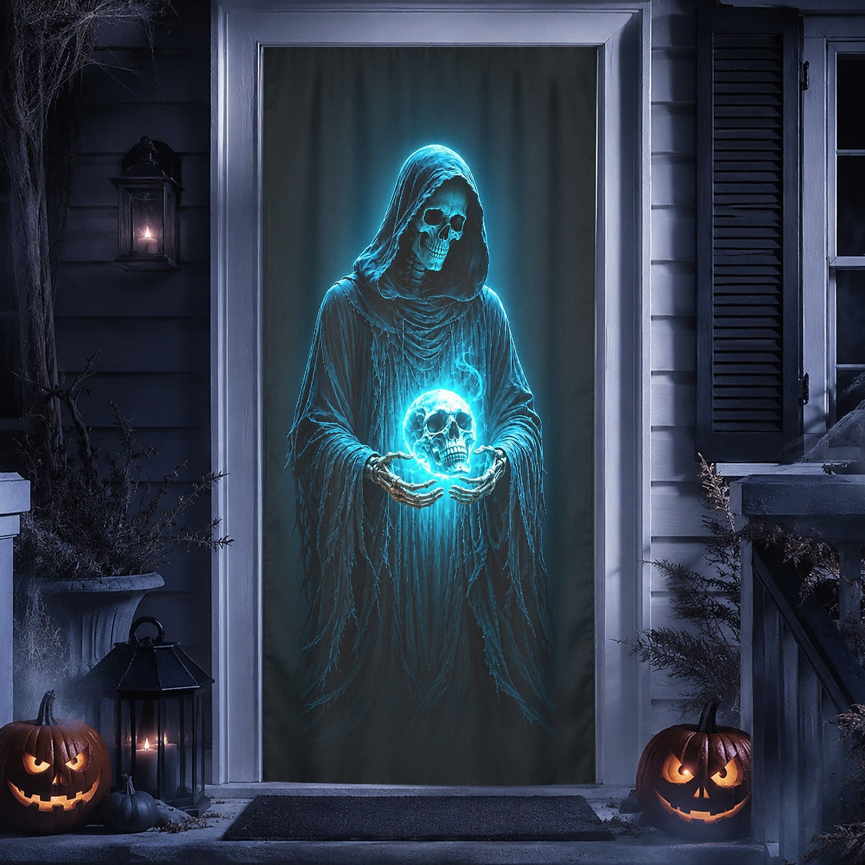 Glowing Skull Grim Reaper Door Banner Blue Skeleton Ghost Scary