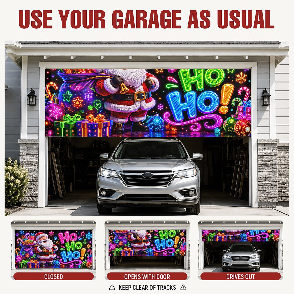 Blacklight Christmas Garage Cover UV Reactive Ho Ho Ho Santa