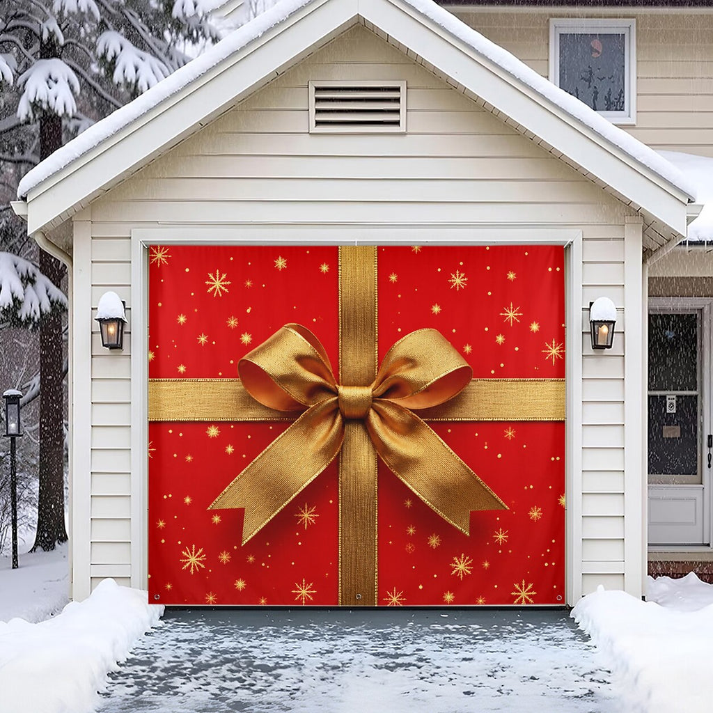 Christmas Garage Cover 3D Red Gift Box & Bow