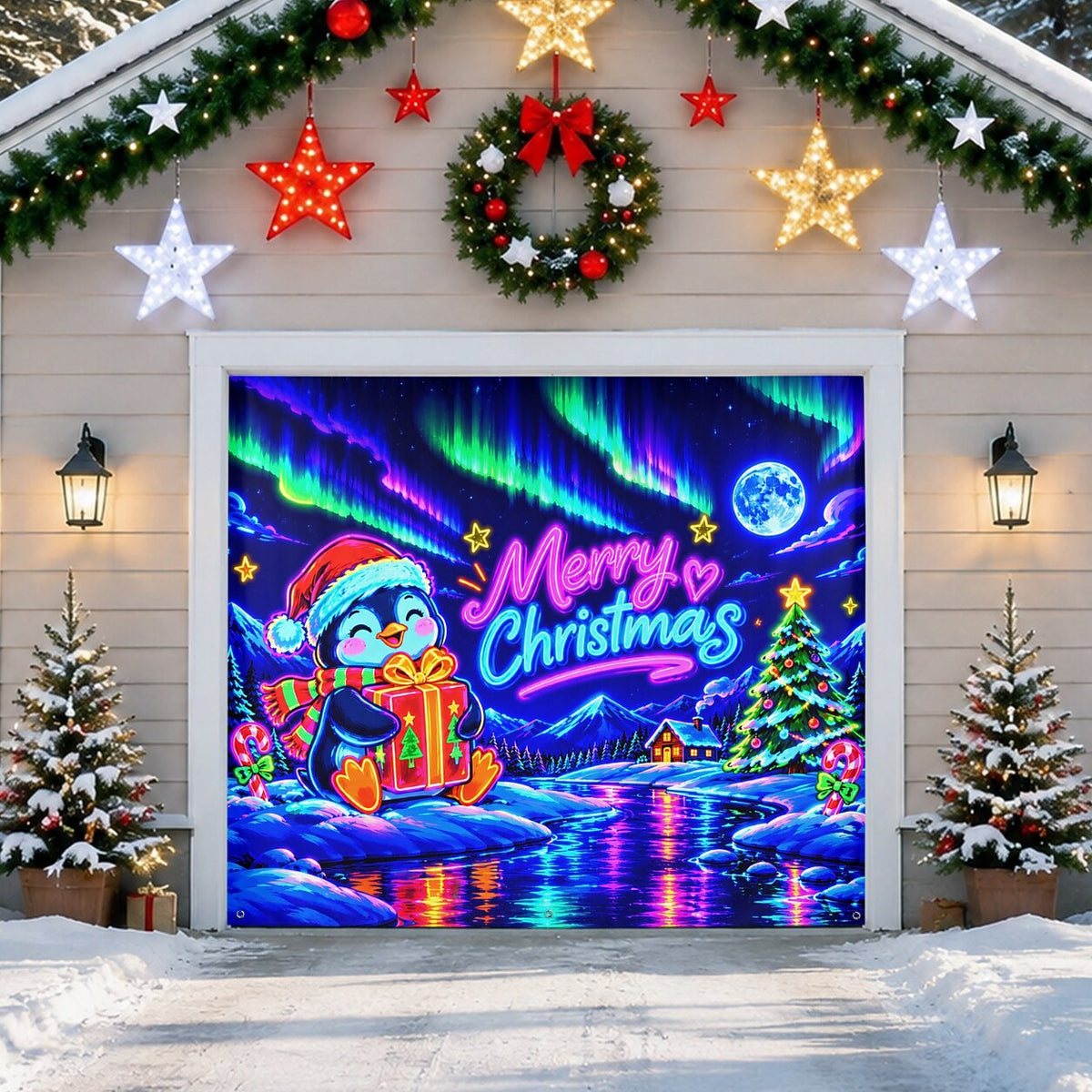 Blacklight Christmas Garage Cover UV Reactive Merry Christmas Penguin