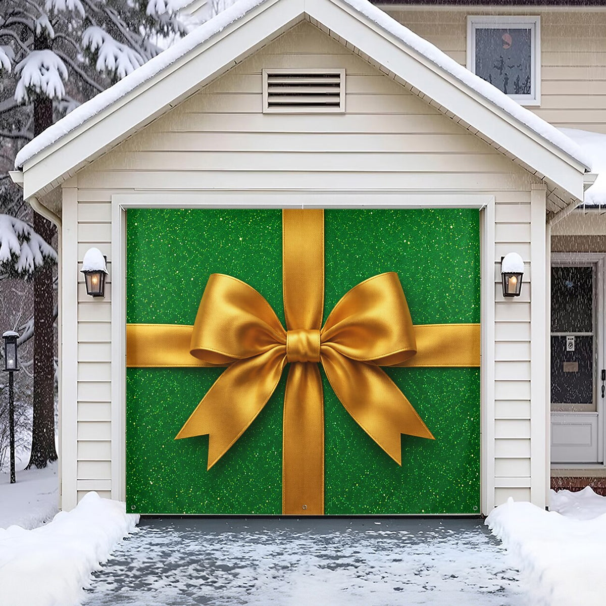 Christmas Garage Cover 3D Green Gift Box & Gold Bow