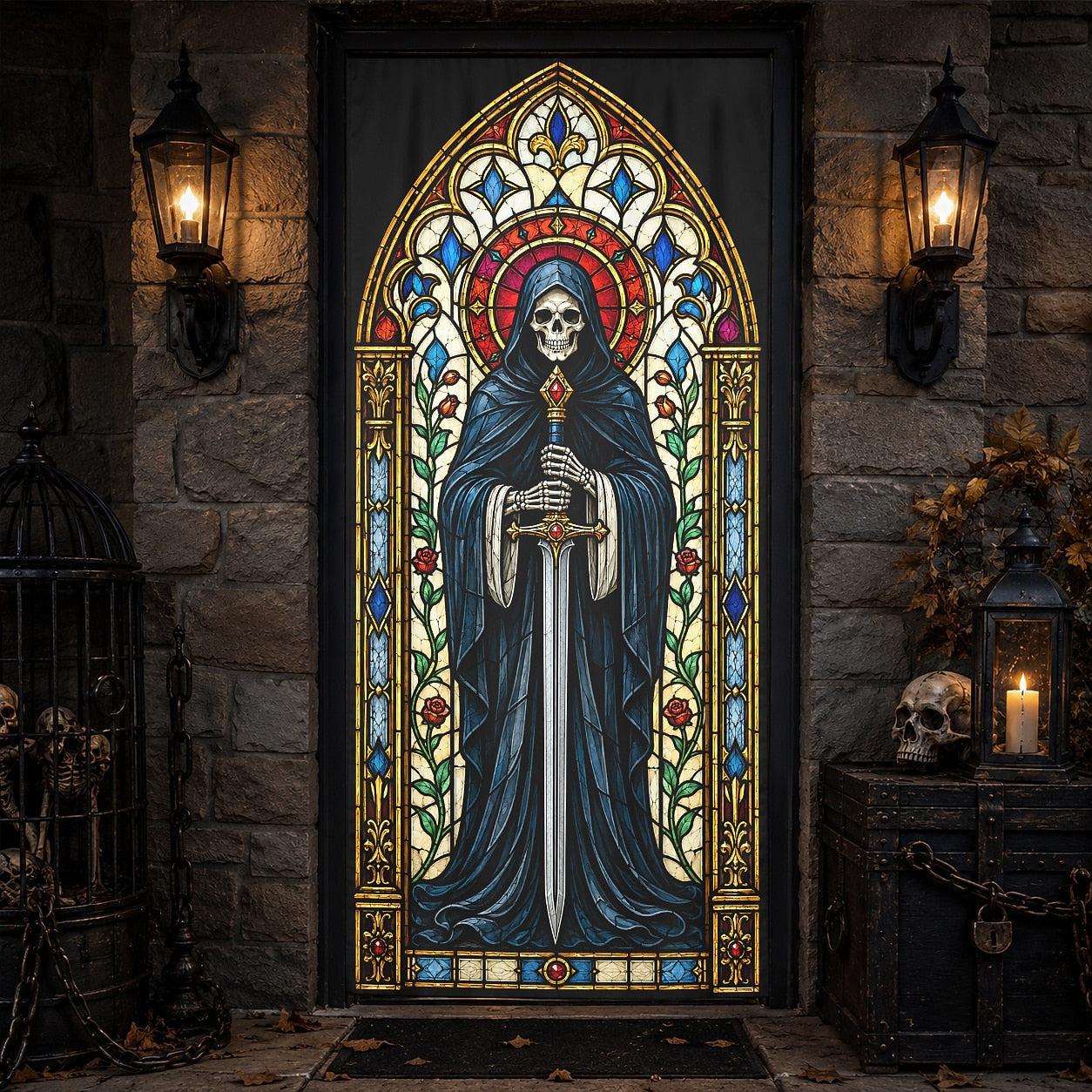 Stained Glass Grim Reaper Skeleton Gothic Banner Halloween Door Cover