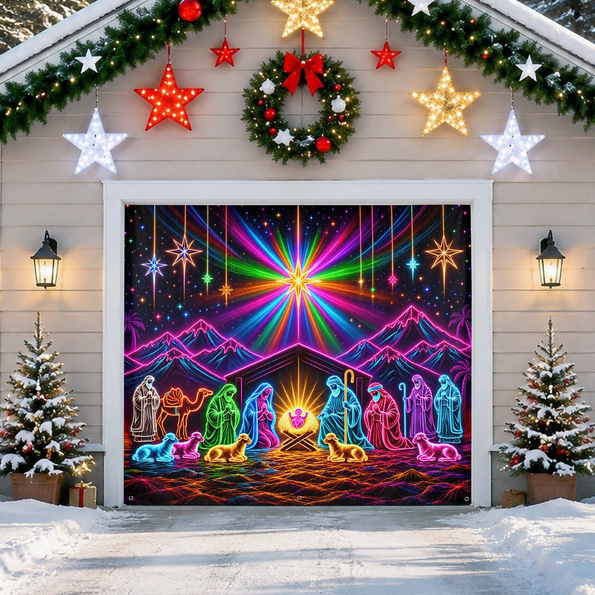 Blacklight Christmas Garage Cover UV Reactive Nativity Scene