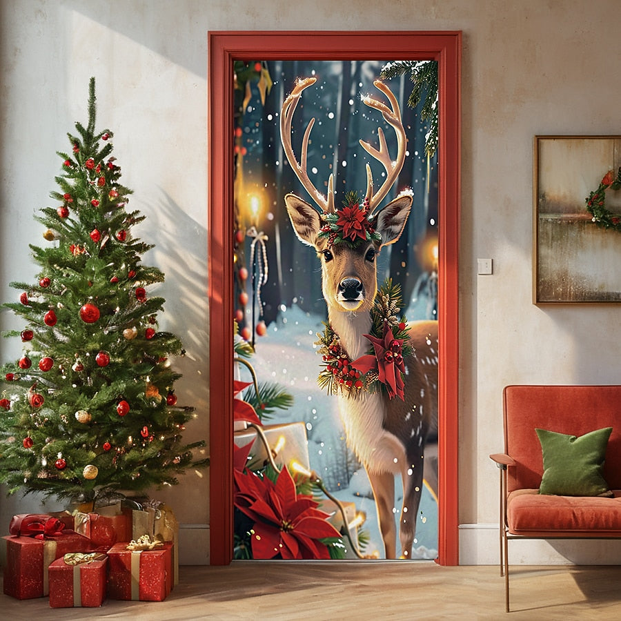 Festive Deer Christmas Door Cover