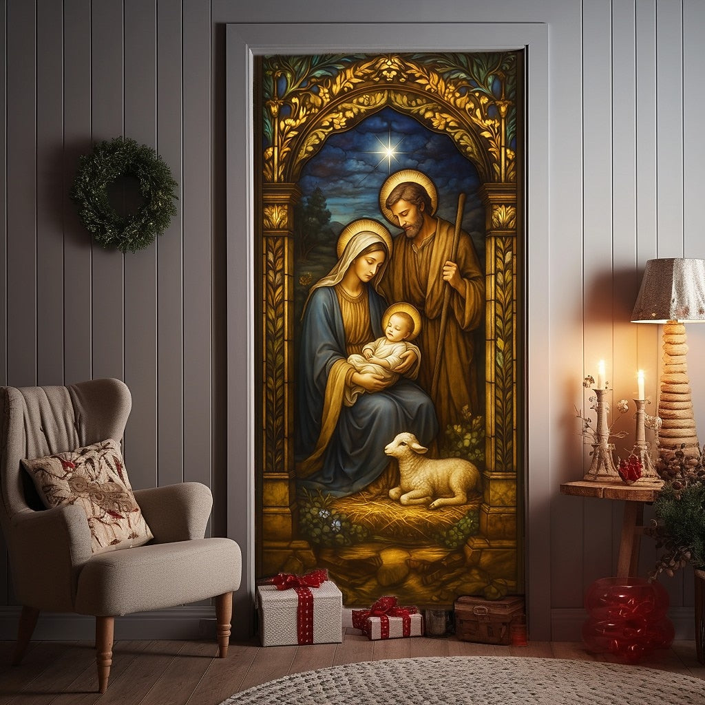 Stained Glass Holy Family Nativity Scene Christmas Door Cover