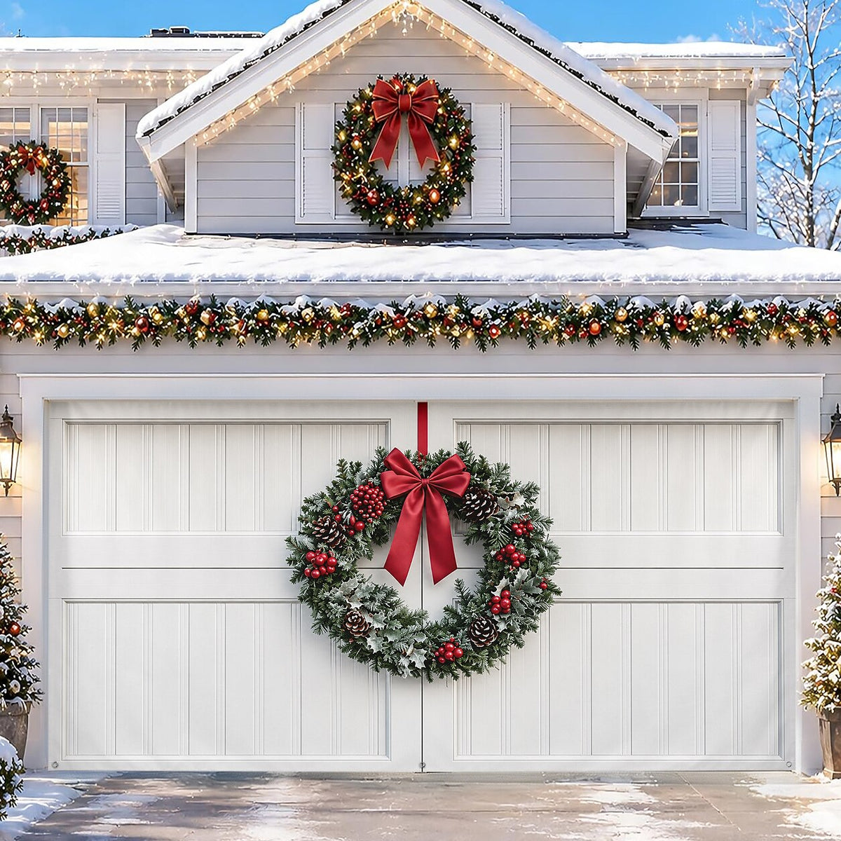 Christmas Garage Cover 3D Christmas Wreath & Holiday Lights