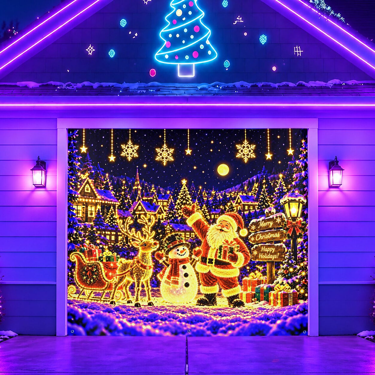 Blacklight Christmas Garage Cover UV Reactive Santa & Snowman