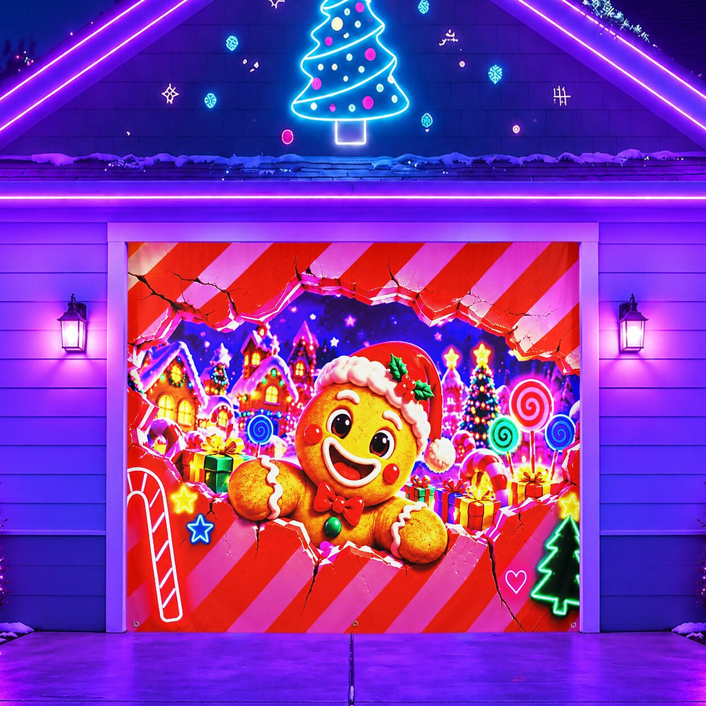 Blacklight Christmas Garage Cover 3D UV Reactive Broken Wall Gingerbread Man