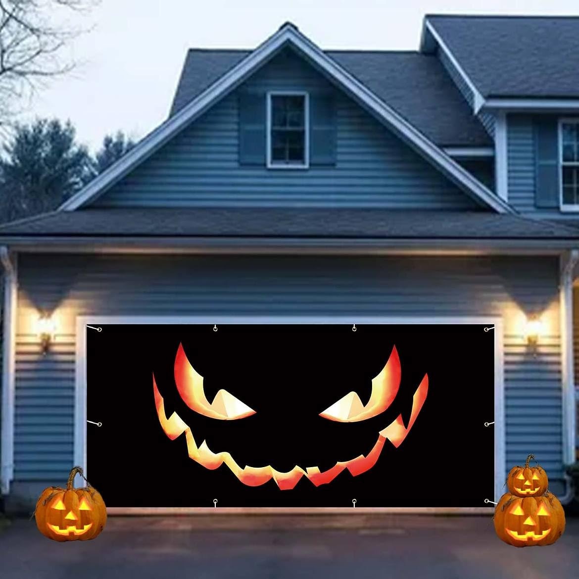 Scary Pumpkin Face & Jack-O'-Lantern | Halloween Garage Door Banner Cover