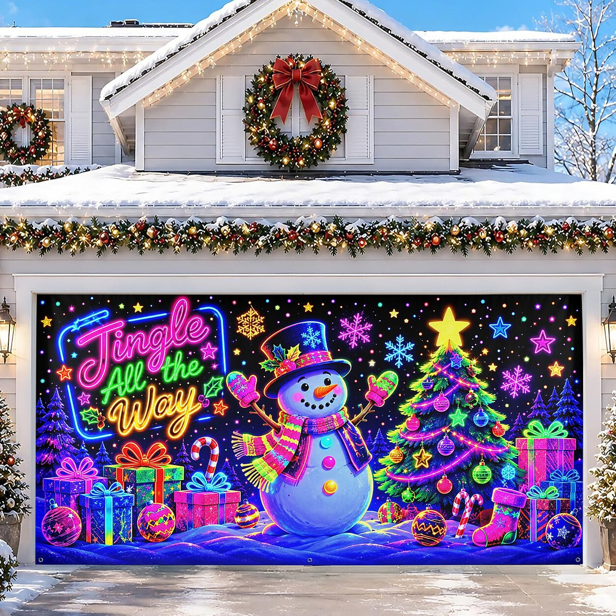 Blacklight Christmas Garage Cover UV Reactive Snowman