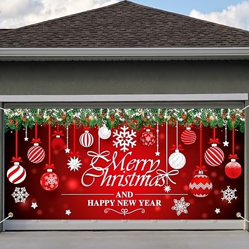 Red Ornament Christmas Garage Door Cover