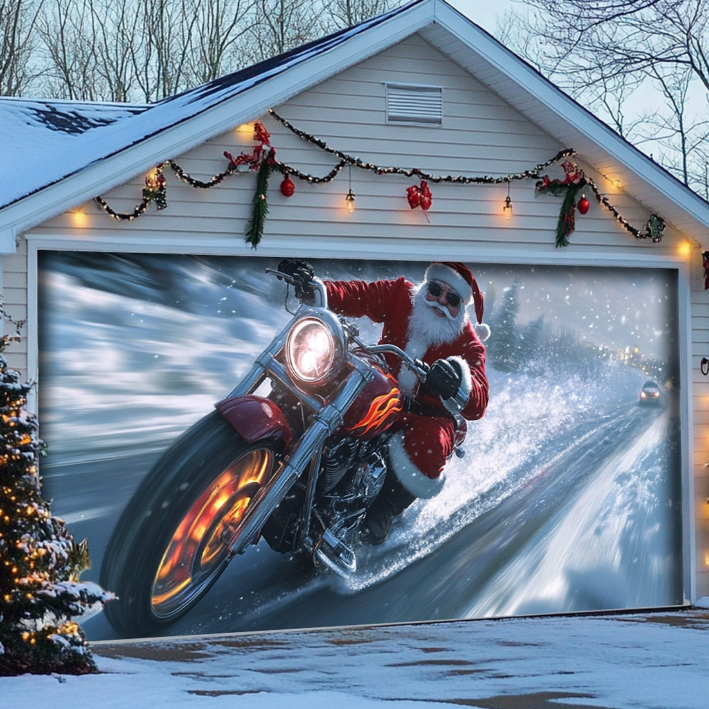 Motorcycle Santa Garage Door Cover