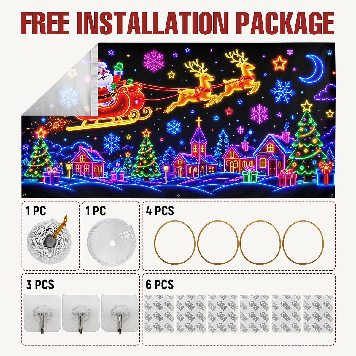 Blacklight Christmas Garage Cover UV Reactive Santa Sleigh & Reindeer Night Scene