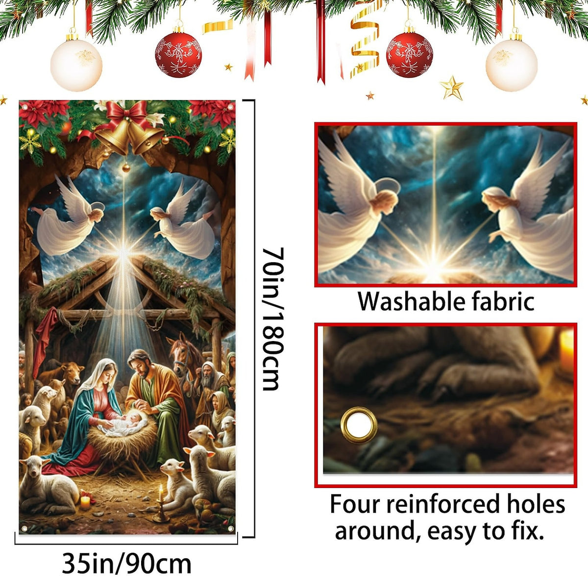 Nativity Scene & Christmas Wreath Christmas Door Cover