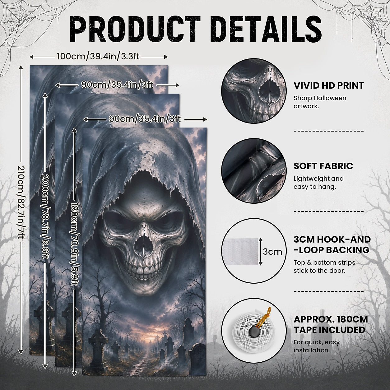 Grim Reaper Skull Haunted Graveyard Door Banner Halloween Door Cover
