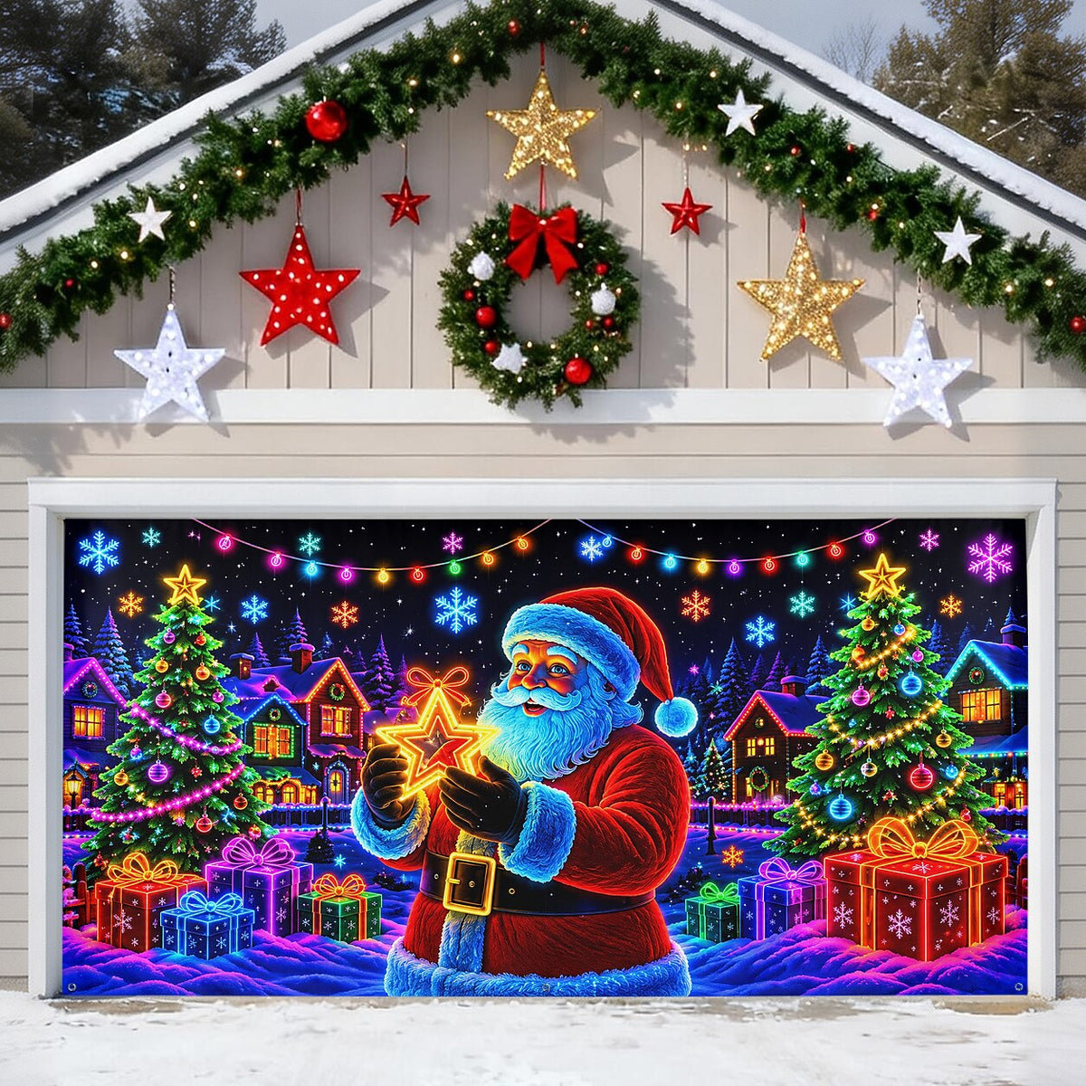 Blacklight Christmas Garage Cover UV Reactive Santa, Gifts & Christmas Tree