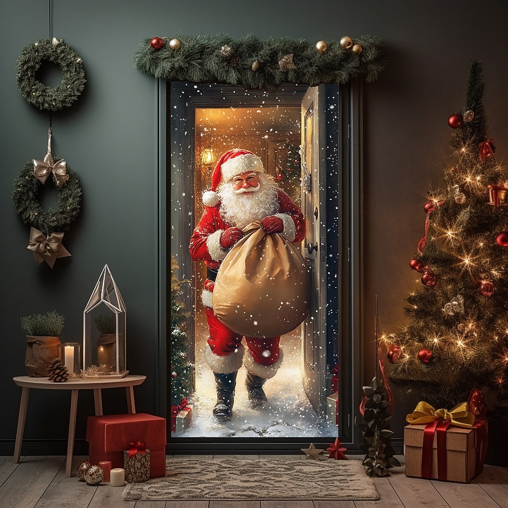 Santa Breaking Through Wall Christmas Door Cover
