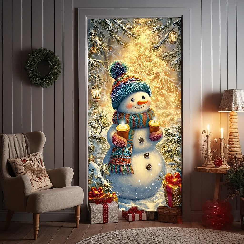 Cute Snowman in Winter Forest Christmas Door Cover