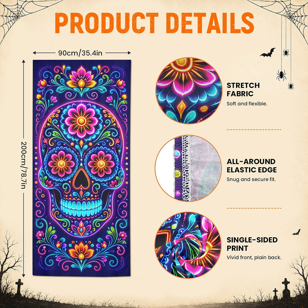 Halloween Door Cover Sugar Skull Neon Floral Day of the Dead Door Banner