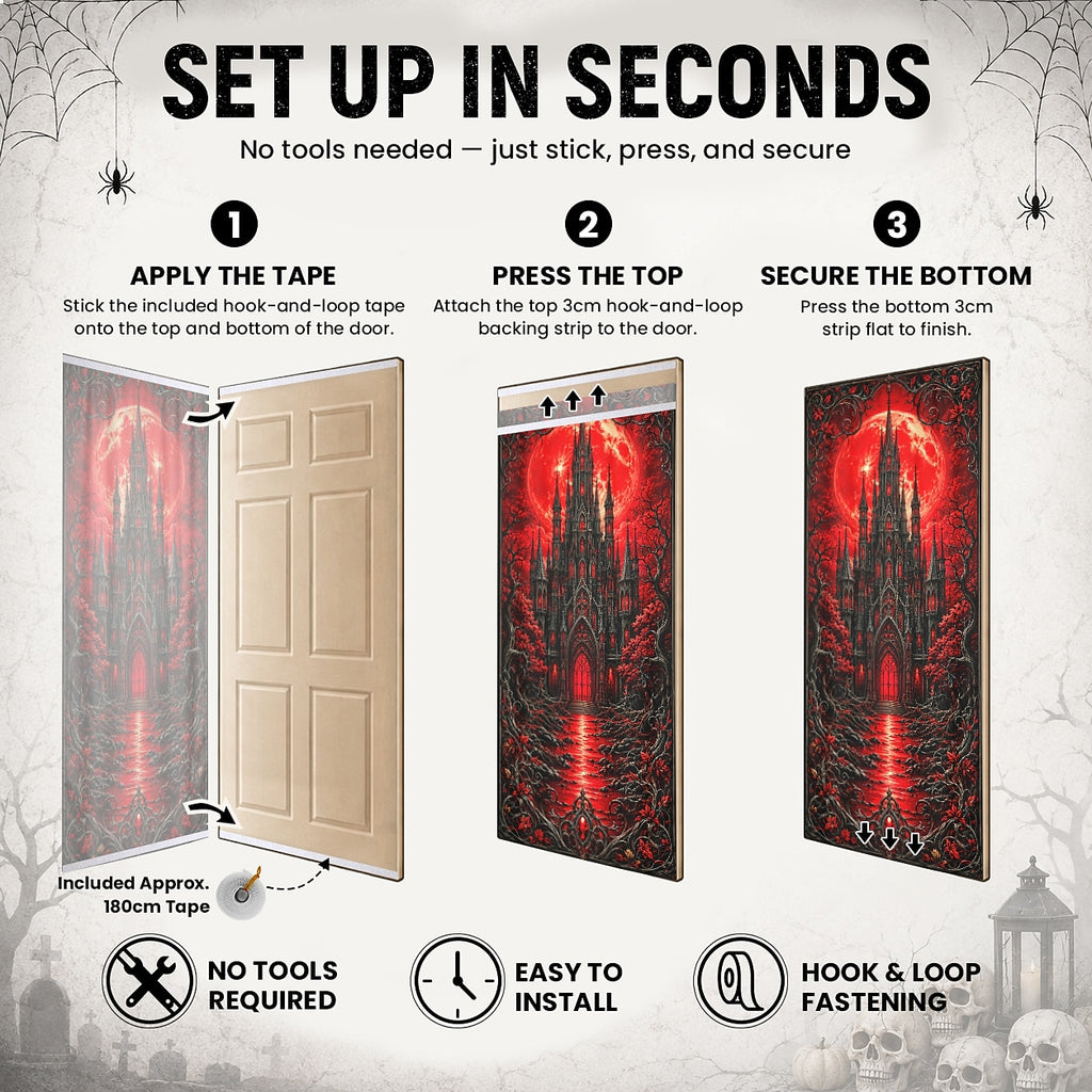 Castle Red Moon Haunted Mansion Banner Halloween Door Cover Creepy Witch