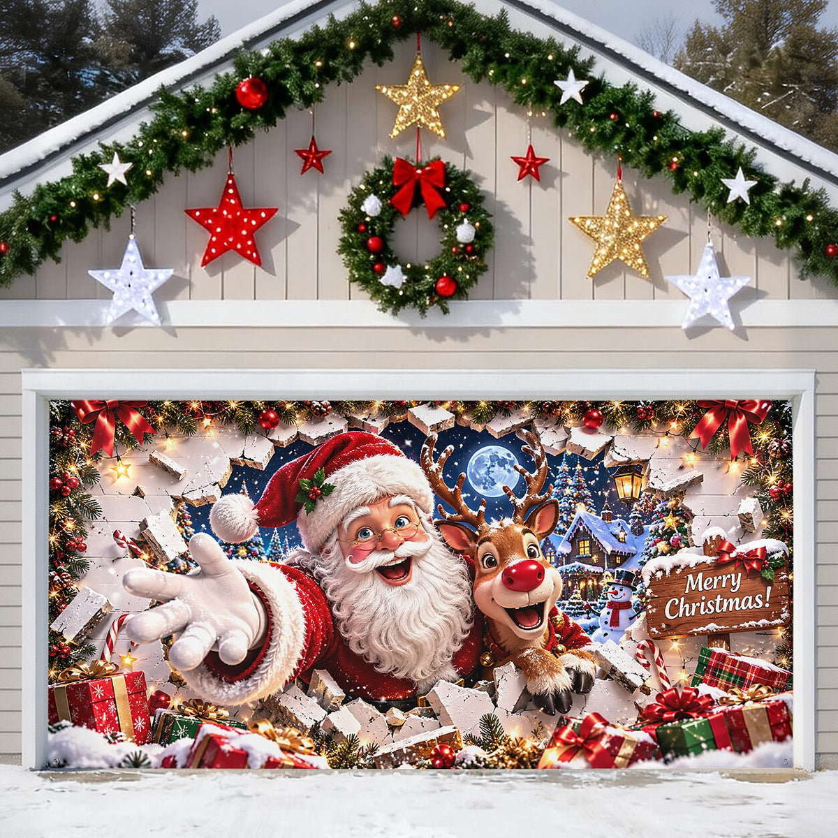 Christmas Garage Door Cover - Snowman Winter Wonderland Design
