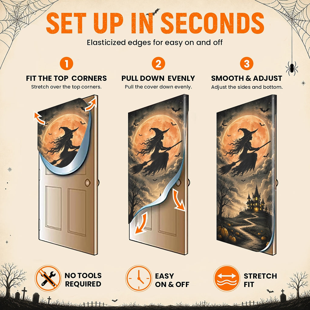Flying Witch Full Moon Haunted House Banner Halloween Door Cover