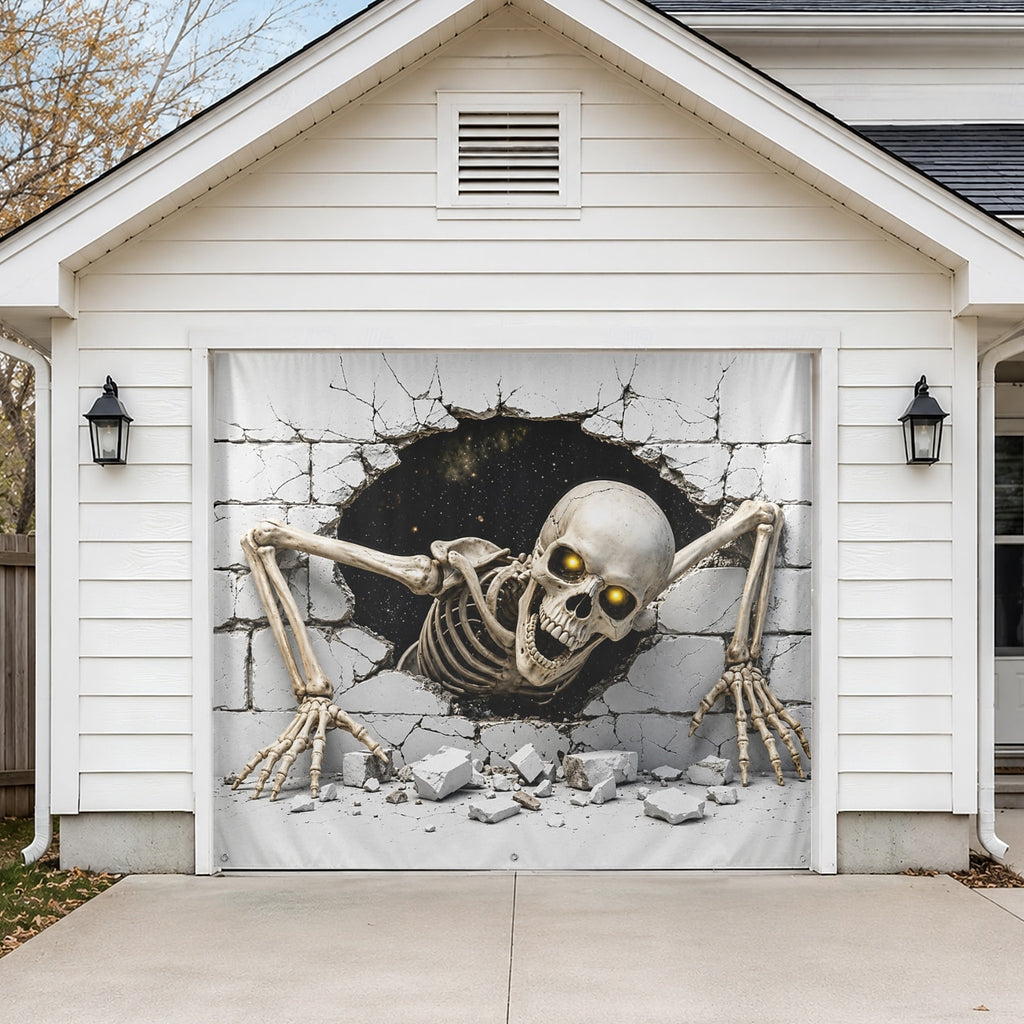 Skeleton Skull Breaking Wall 3D Illusion | Halloween Garage Door Banner Cover